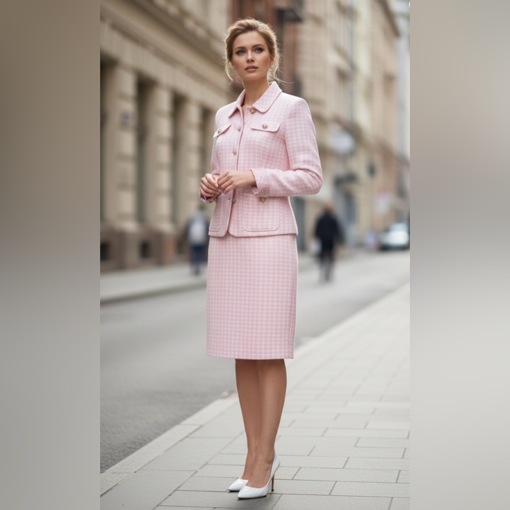 St. John Collection By Marie Gray Pink Checked Gingham Blazer Suit 12 MSRP $1998